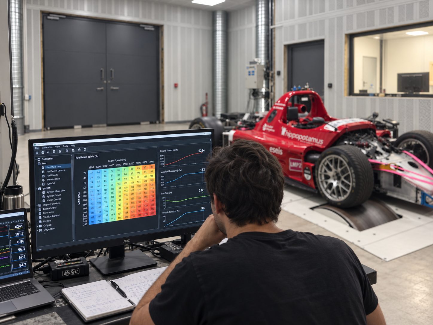 Ingénieur O-ONE en calibration moteur devant l'écran de cartographie, face à un prototype d'endurance installé sur le banc de puissance