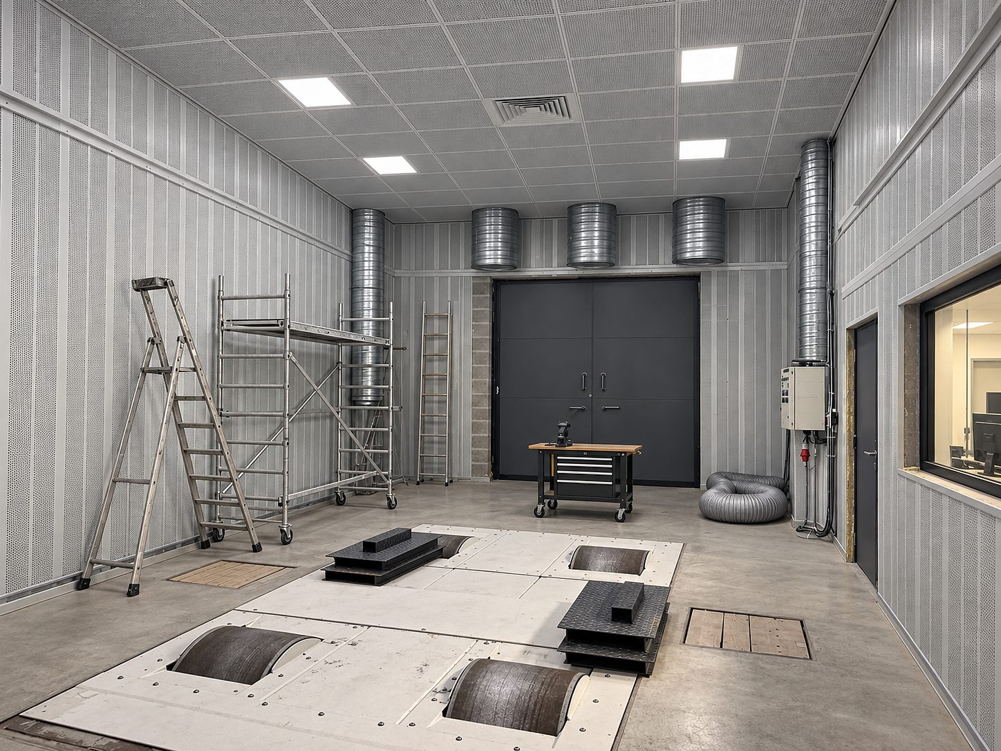 Vue d'ensemble de la salle du banc de puissance O-ONE : gaines de ventilation, parois acoustiques perforées et rouleaux encastrés